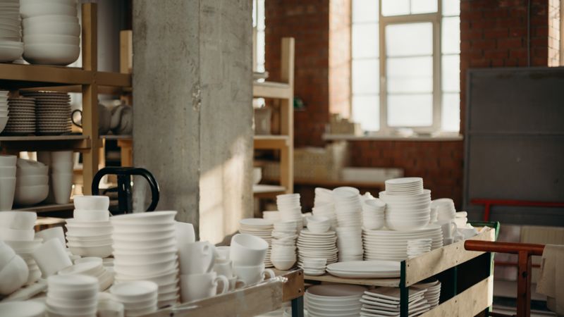 Ceramiche e scaffali in un laboratorio artigianale. Fotografia d’ispirazione.