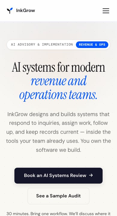 Anteprima della homepage InkGrow su smartphone, con menu compatto e testi in una colonna.